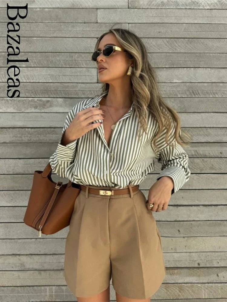 Loose Green Stripe Print Blouse – Single Breasted Casual Shirt Top - The Little Market Shop