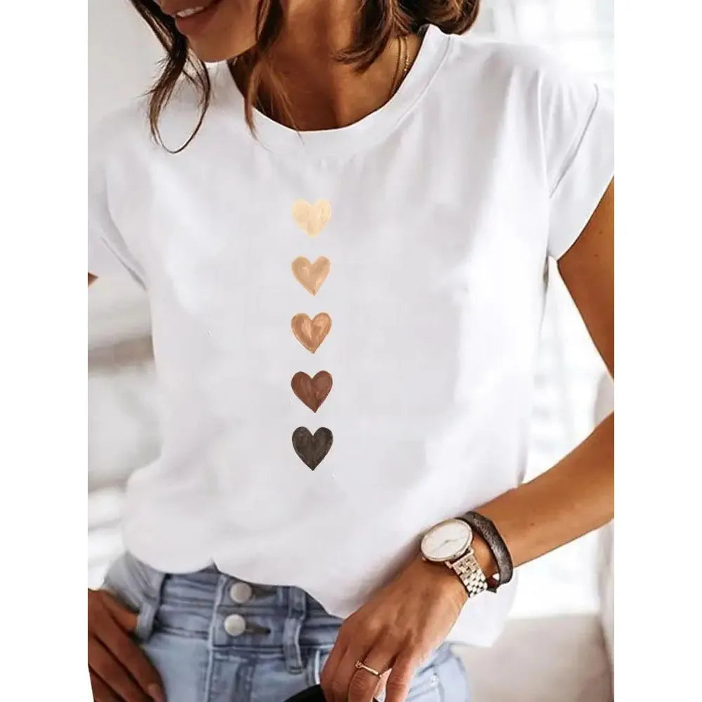 Love Heart Print Women’s Summer T-Shirt – 90s Casual Top - The Little Market Shop