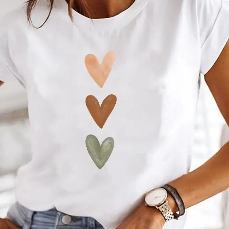 Love Heart Print Women’s Summer T-Shirt – 90s Casual Top - The Little Market Shop