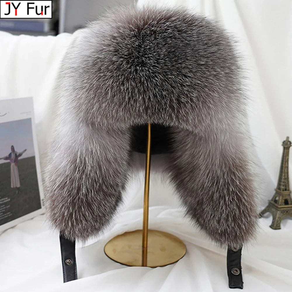 Luxury Men's Silver Fox Fur Bomber Hat – Real Fur Ushanka with Leather - The Little Market Shop