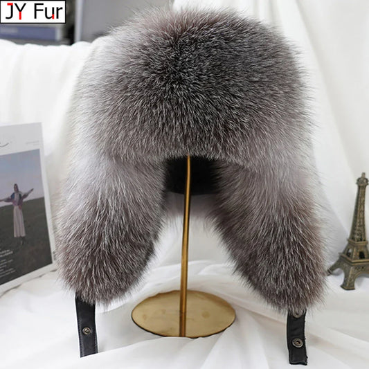 Luxury Men's Silver Fox Fur Bomber Hat – Real Fur Ushanka with Leather - The Little Market Shop