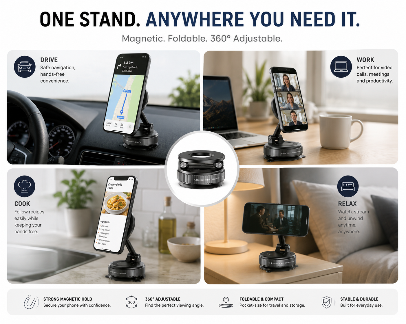 Magnetic Foldable Phone Stand & Car Mount – Compact MagSafe Grip Anywhere