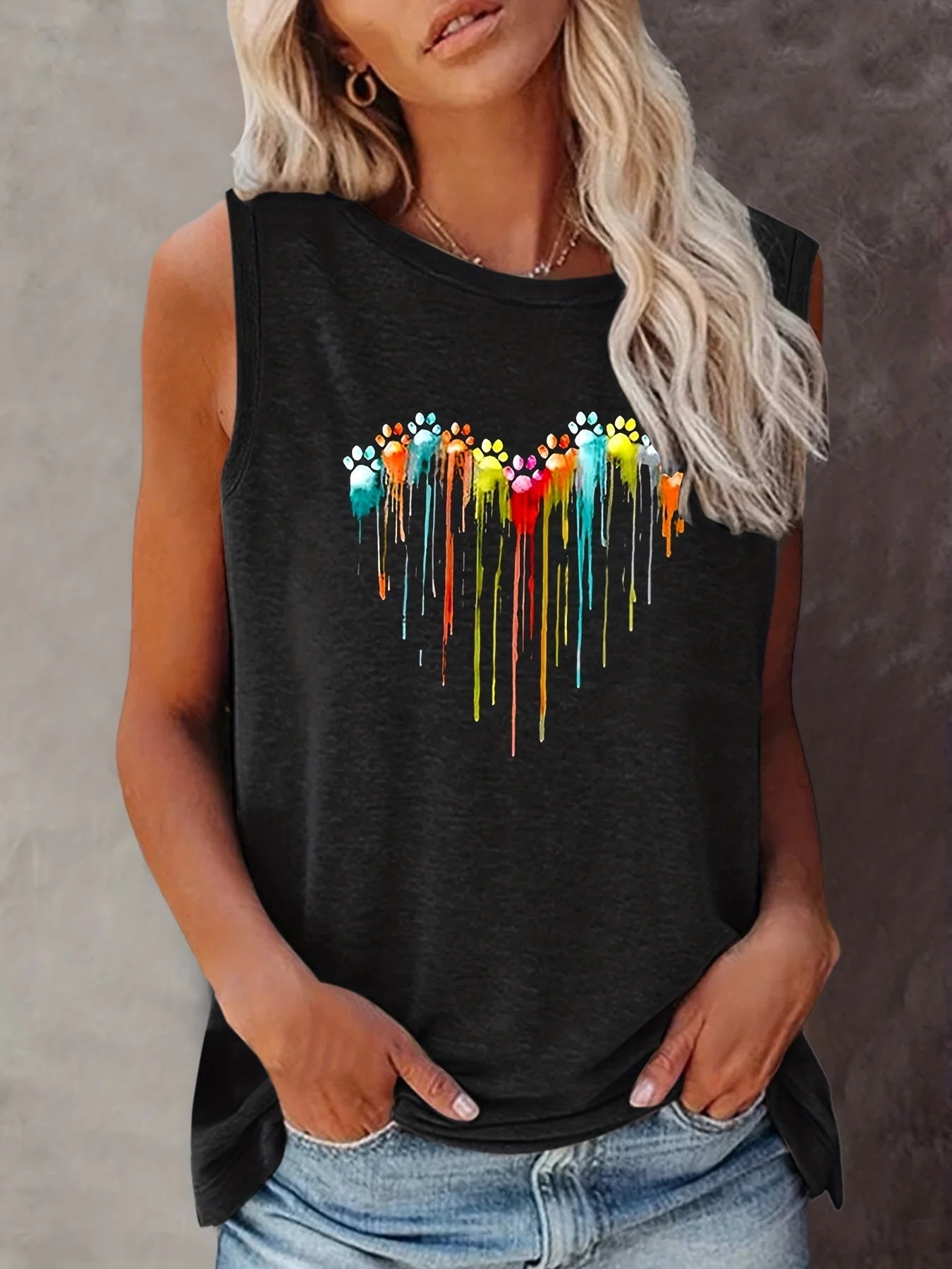 Women's Colorful Paw Print Summer Tank Top Loose Fit, Sleeveless T-Shirt - The Little Market Shop
