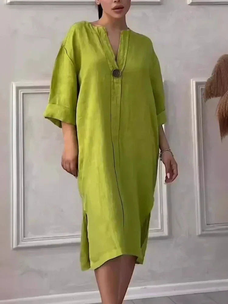 Elegant Women’s V-Neck Summer Dress – Cotton Hemp Long Sleeve Mid-Length - The Little Market Shop