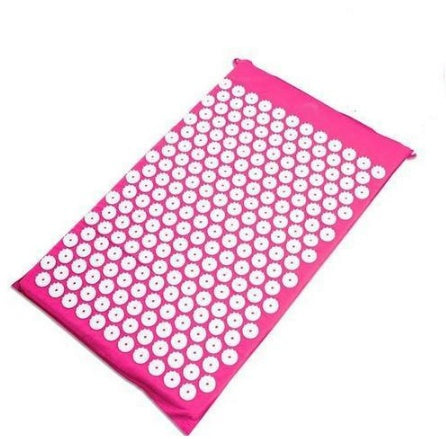 Pink acupressure mat with white nodes on a white background