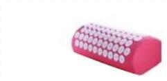 Pink cylindrical pillow with white beads on a white background