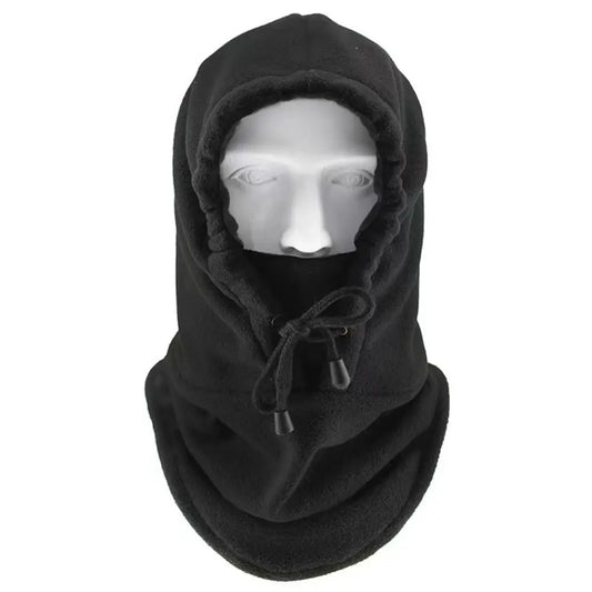 Black polar fleece winter balaclava with adjustable drawstring hood and face covering
