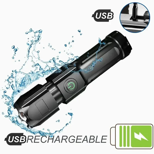 Powerful 100000 Lumen LED Flashlight USB Rechargeable Waterproof Zoom - The Little Market Shop
