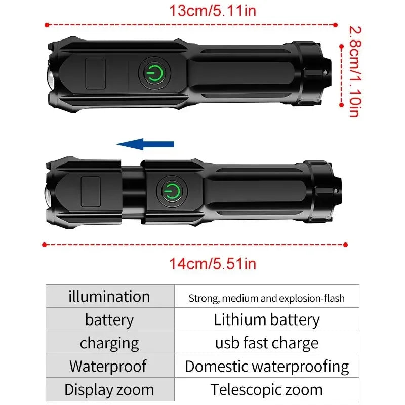 Powerful 100000 Lumen LED Flashlight USB Rechargeable Waterproof Zoom - The Little Market Shop