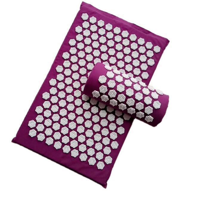 Purple acupressure mat with white hexagonal nodes on a white background