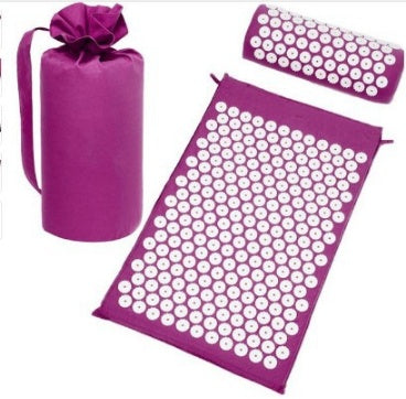 Purple acupressure mat with white nodes and carrying bag on a white background