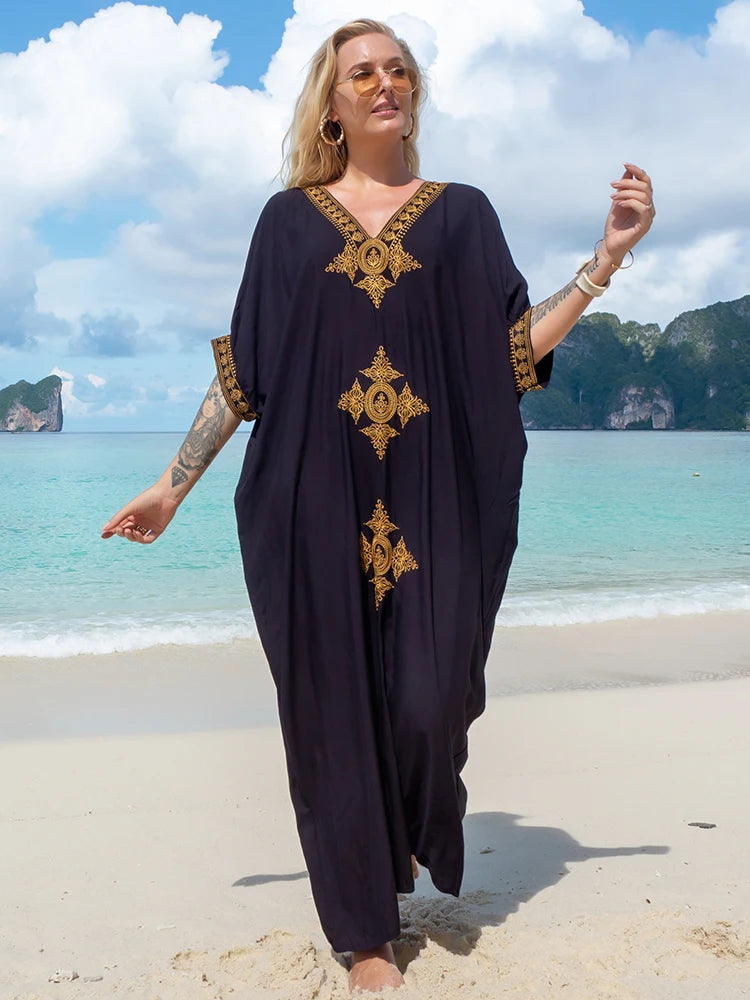 Elegant Gold Embroidered Kaftan - Retro V-Neck White Dress - The Little Market Shop