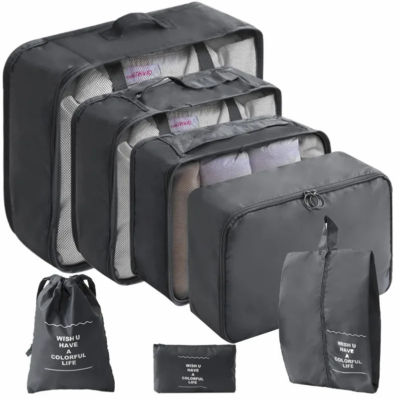 Travel packing cubes set for organised suitcase with multiple storage bags