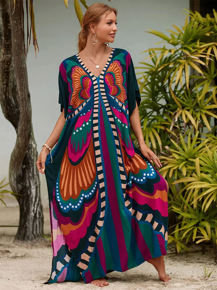 Bohemian Plus Size Kaftan Maxi Dress – Elegant Summer Beachwear & Swimsuit Cover-Up - The Little Market Shop