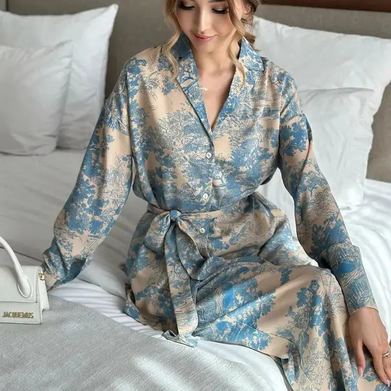 Stay Stylish with French Printed Long Sleeved Blue Graffiti Two-Piece Loungewear - The Little Market Shop