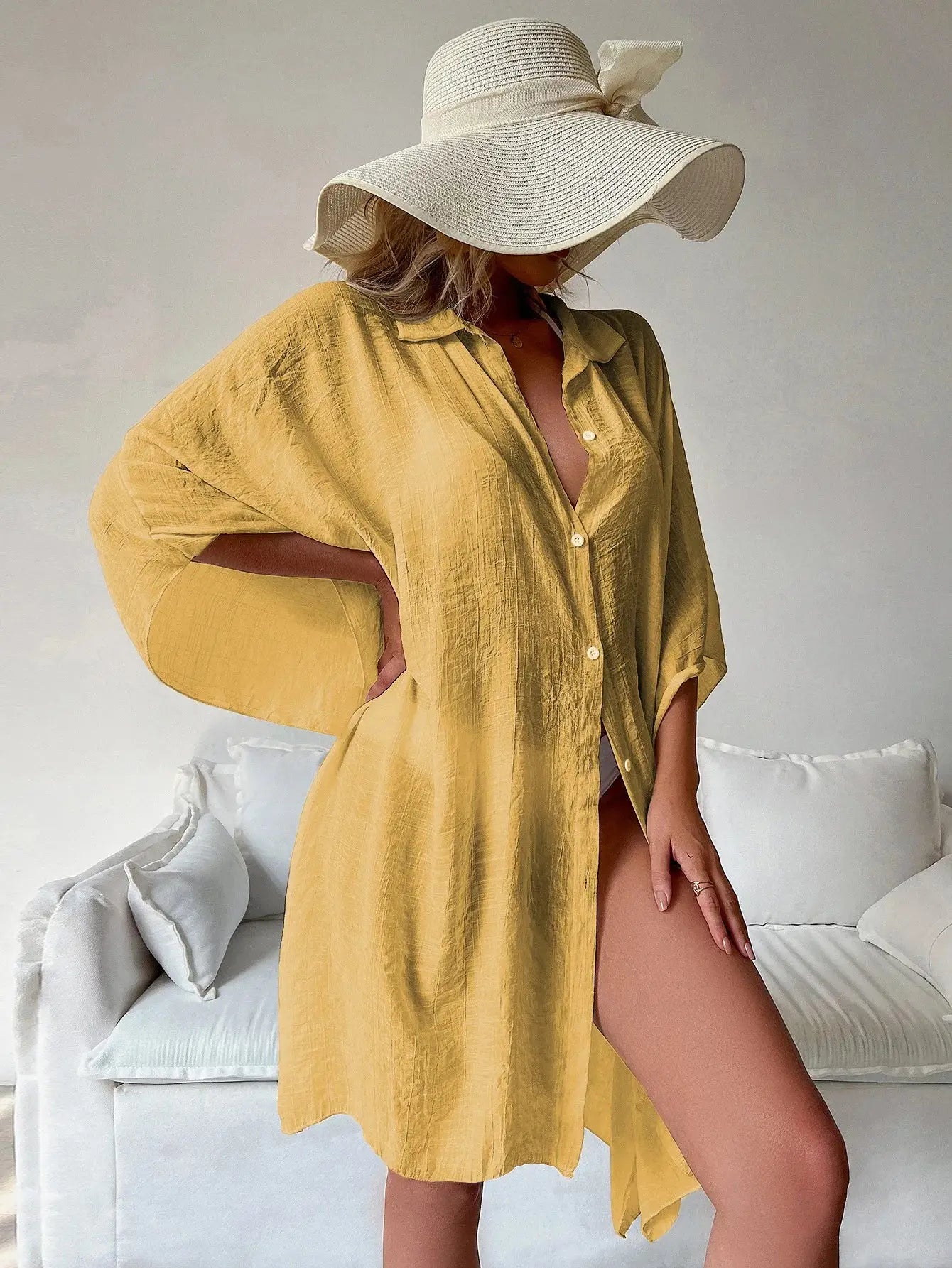 Stay Stylish and Comfortable at the Beach with Our Batwing Sleeve Beach Shirt Cover-Up - The Little Market Shop