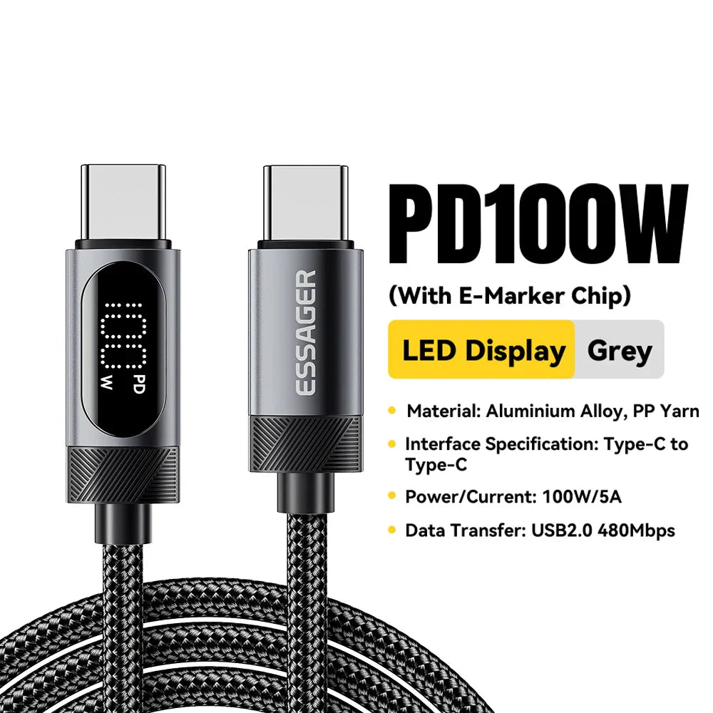 100W USB C Fast Charging Cable with Digital Display PD Cord Essager - The Little Market Shop