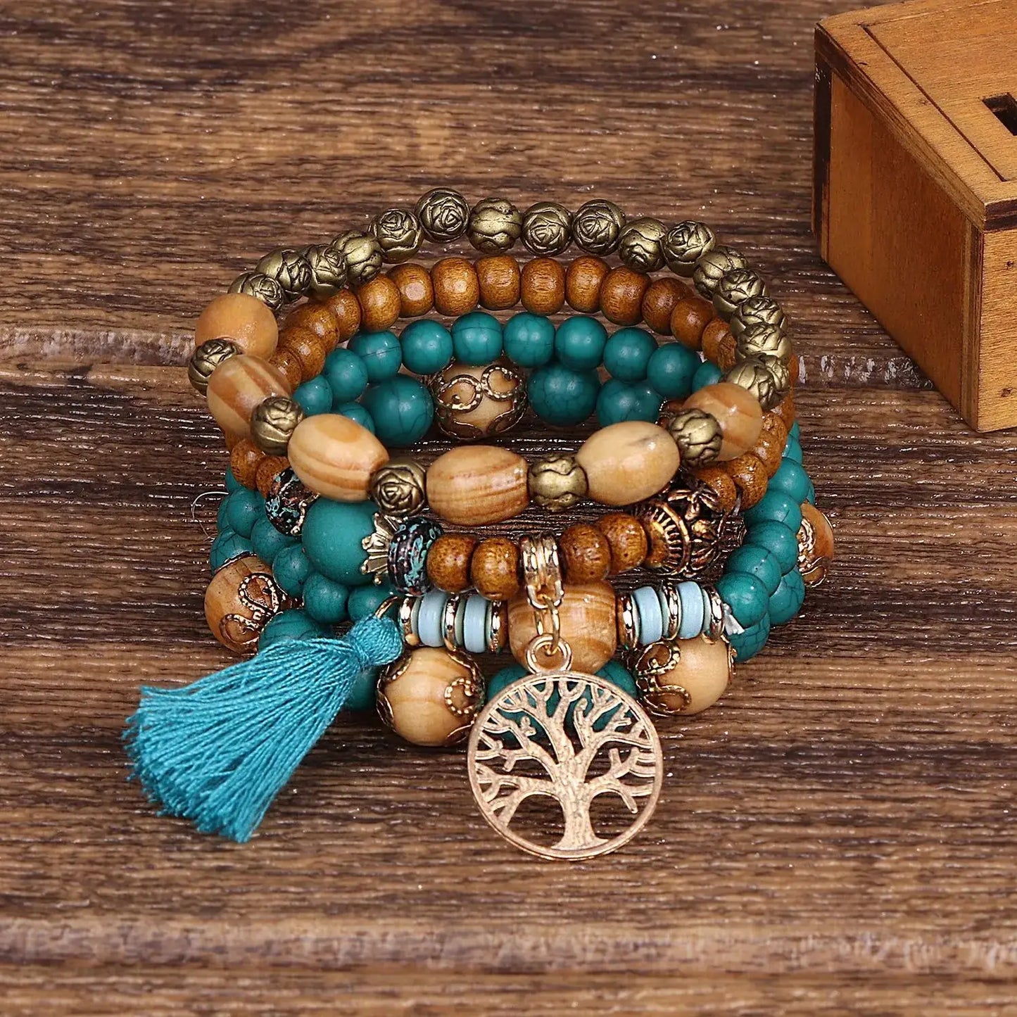 Add a touch of style with our Boho Bracelet Set: Handmade Wood Beads, Tree of Life Charms, Perfect for Bohemian Chic! - The Little Market Shop