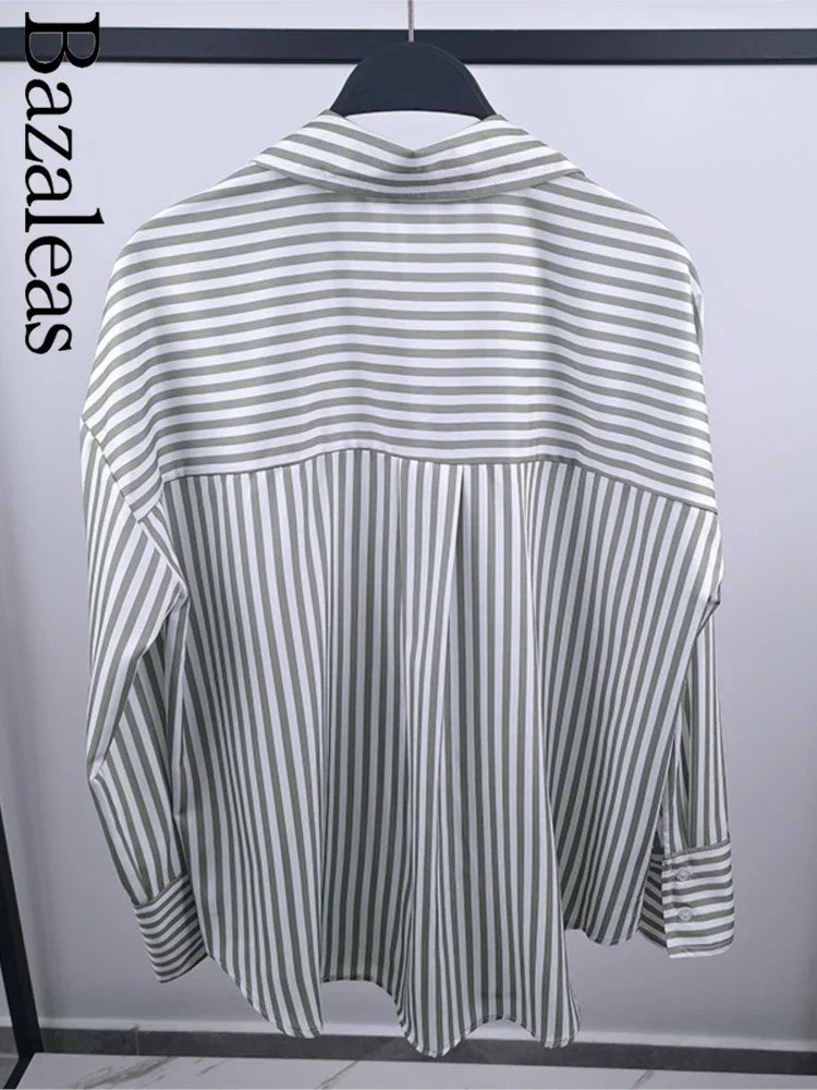 Loose Green Stripe Print Blouse – Single Breasted Casual Shirt Top - The Little Market Shop