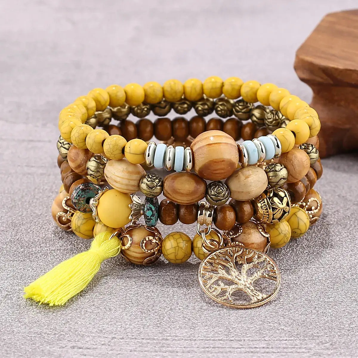 Add a touch of style with our Boho Bracelet Set: Handmade Wood Beads, Tree of Life Charms, Perfect for Bohemian Chic! - The Little Market Shop
