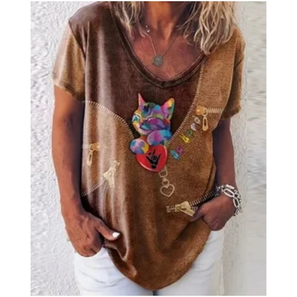 Retro Anime Cat Graphic Women's T-Shirt - Summer Streetwear Chic - The Little Market Shop