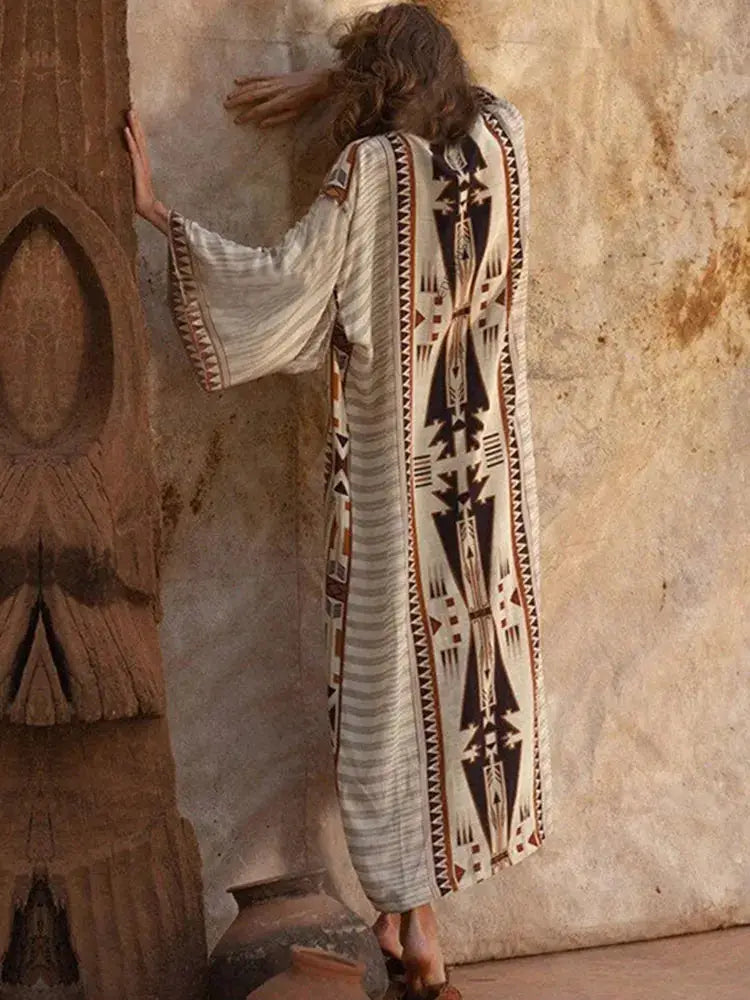 Bohemian Beach Style Bikini Cover-ups - Elegant Self-Belted Kimono Dress Tunic for Women - The Little Market Shop