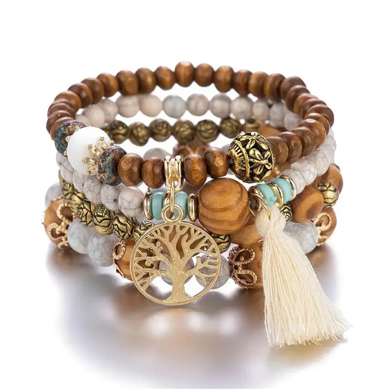 Add a touch of style with our Boho Bracelet Set: Handmade Wood Beads, Tree of Life Charms, Perfect for Bohemian Chic! - The Little Market Shop