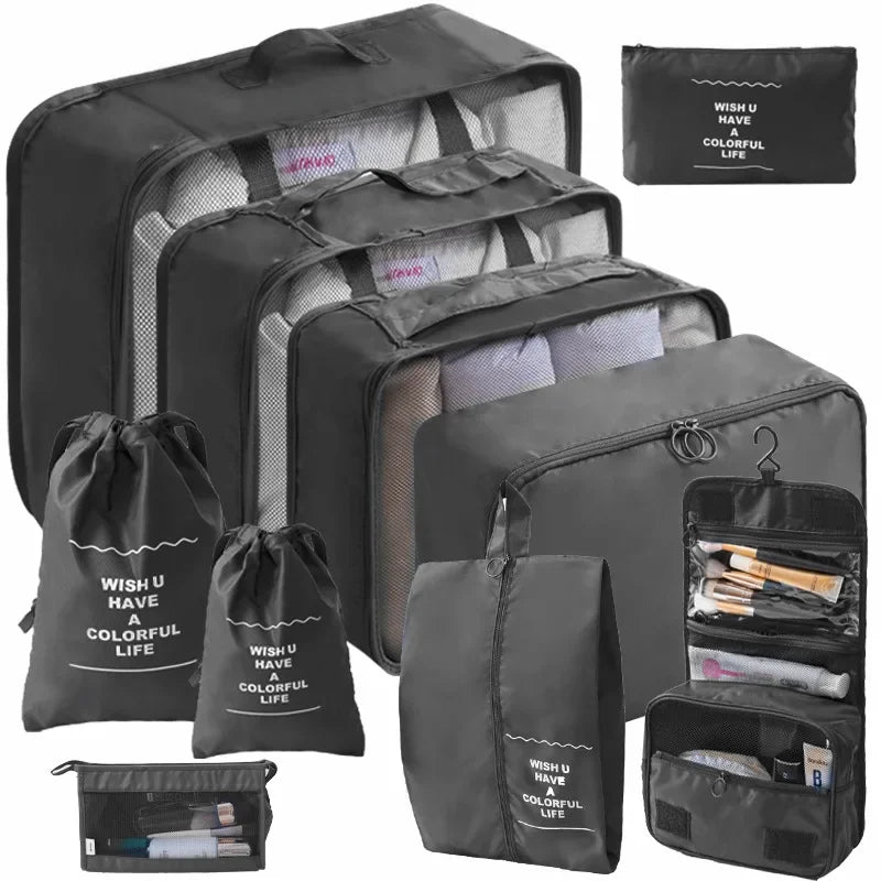Travel packing cubes set for organised suitcase with multiple storage bags