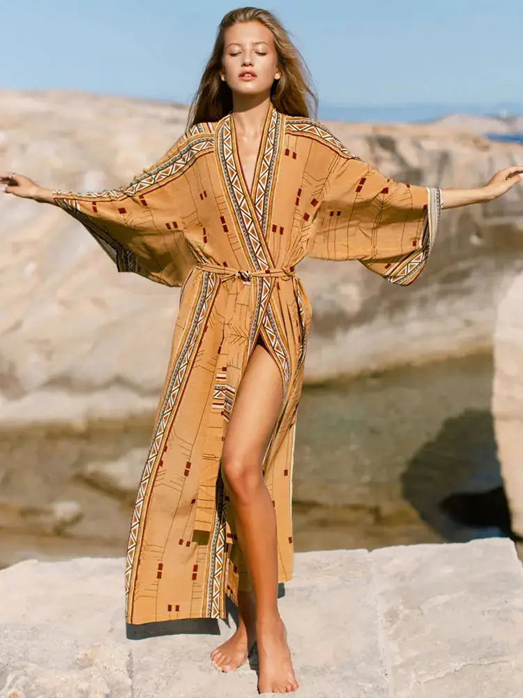 Bohemian Beach Style Bikini Cover-ups - Elegant Self-Belted Kimono Dress Tunic for Women - The Little Market Shop