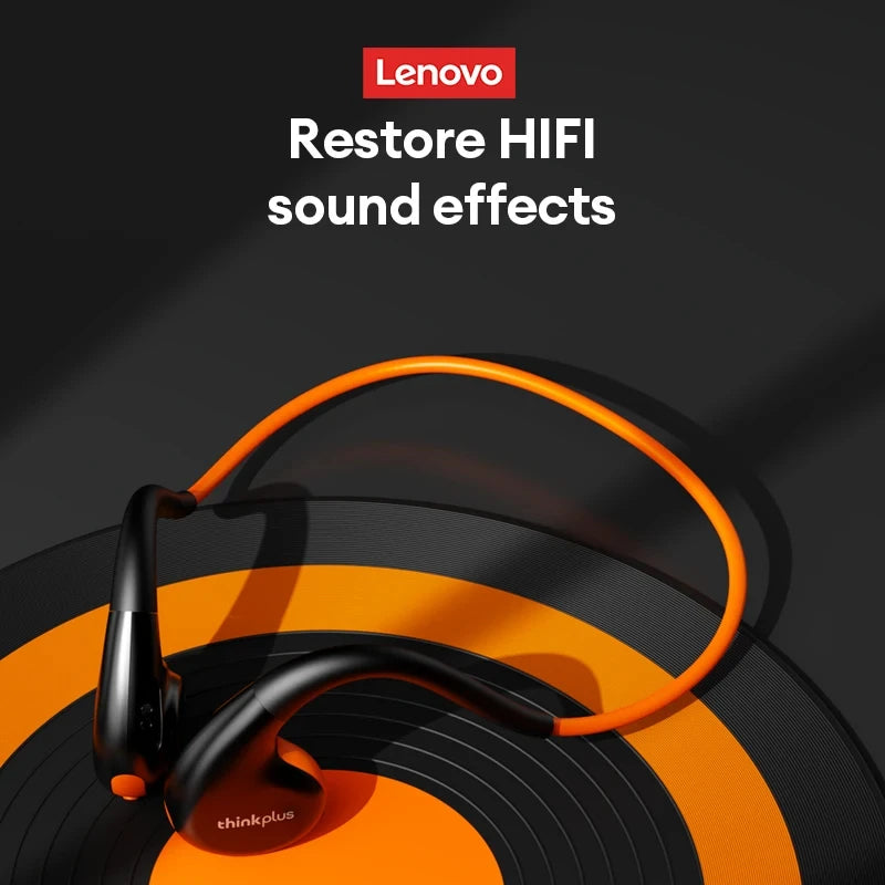 Lenovo bone conduction headphones for outdoor use with black and orange design