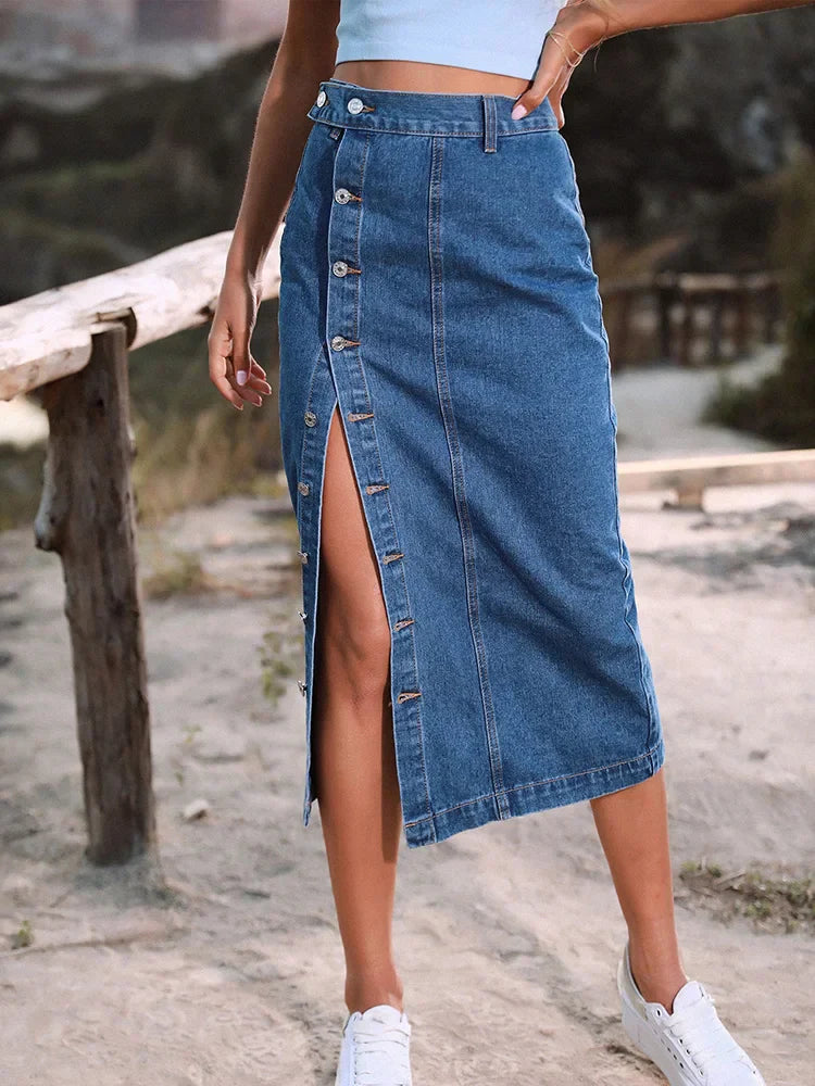 Sexy Streetwear Button Denim Skirt – High Waist Bodycon Autumn Winter - The Little Market Shop