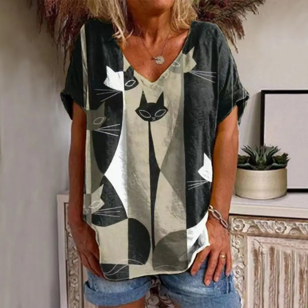 Retro Anime Cat Graphic Women's T-Shirt - Summer Streetwear Chic - The Little Market Shop