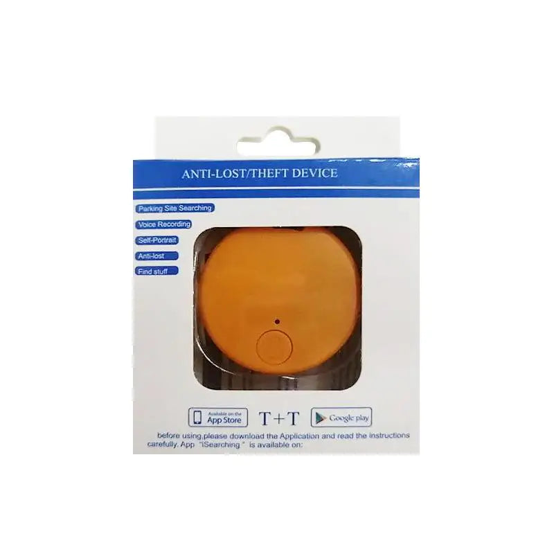 Bluetooth GPS tracker for pets and wallets in orange packaging with anti-lost device label