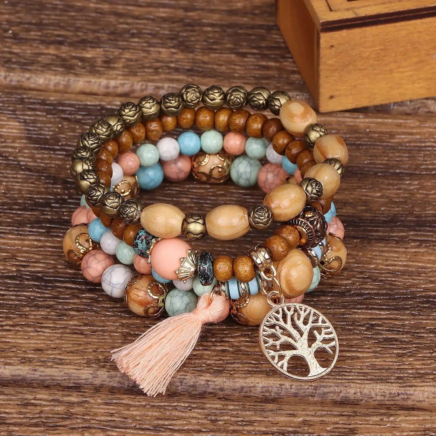 Add a touch of style with our Boho Bracelet Set: Handmade Wood Beads, Tree of Life Charms, Perfect for Bohemian Chic! - The Little Market Shop