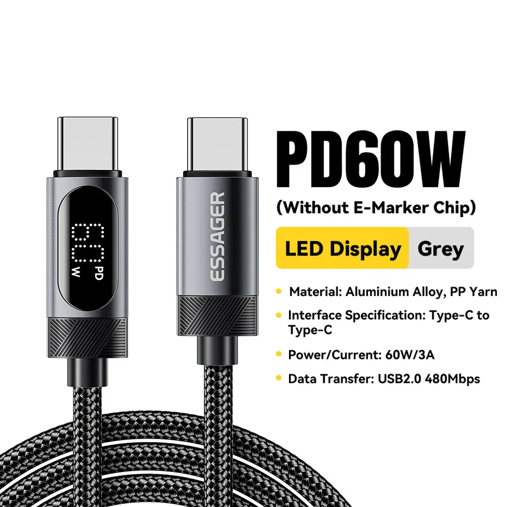 100W USB C Fast Charging Cable with Digital Display PD Cord Essager - The Little Market Shop