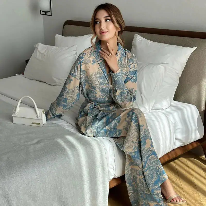 Stay Stylish with French Printed Long Sleeved Blue Graffiti Two-Piece Loungewear - The Little Market Shop