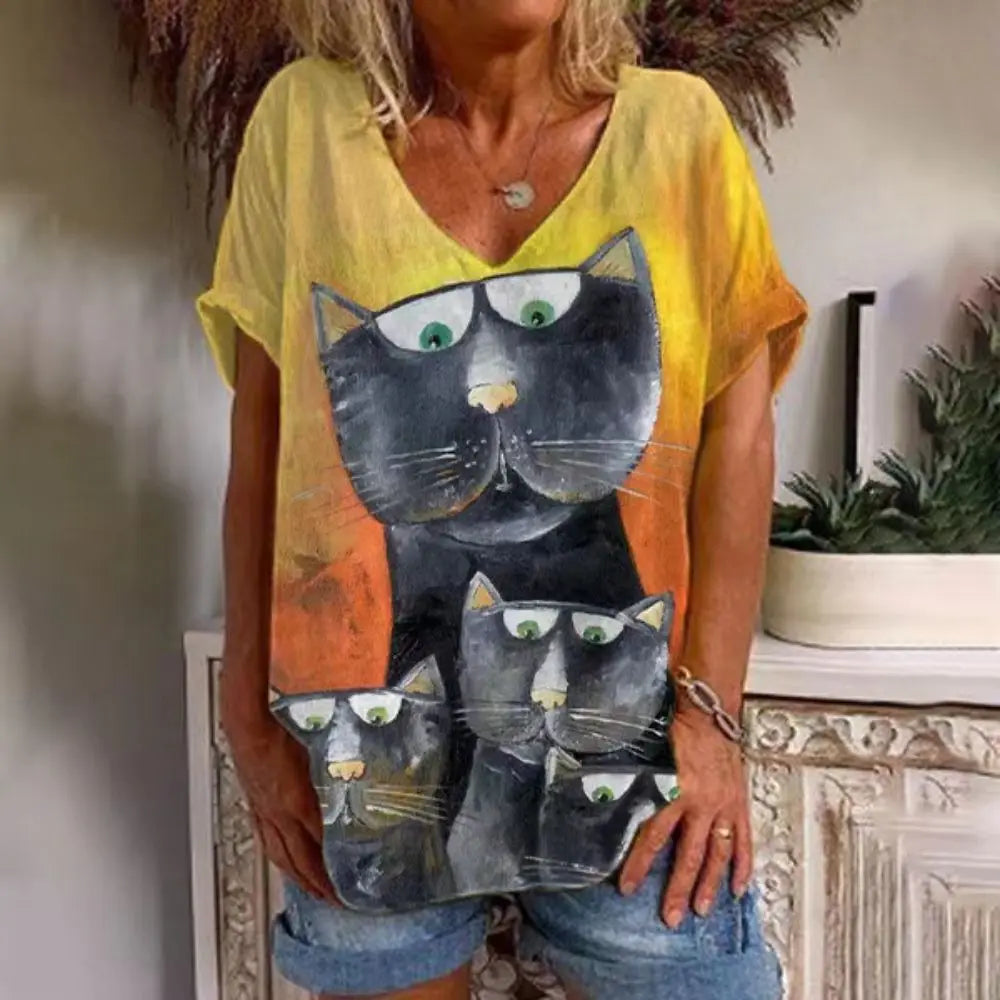 Retro Anime Cat Graphic Women's T-Shirt - Summer Streetwear Chic - The Little Market Shop
