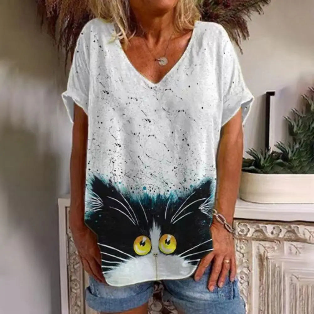Retro Anime Cat Graphic Women's T-Shirt - Summer Streetwear Chic - The Little Market Shop