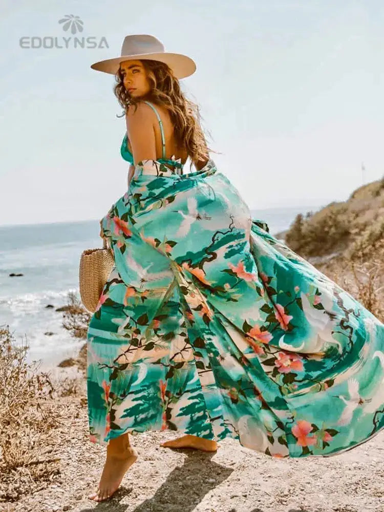 Bohemian Beach Style Bikini Cover-ups - Elegant Self-Belted Kimono Dress Tunic for Women - The Little Market Shop