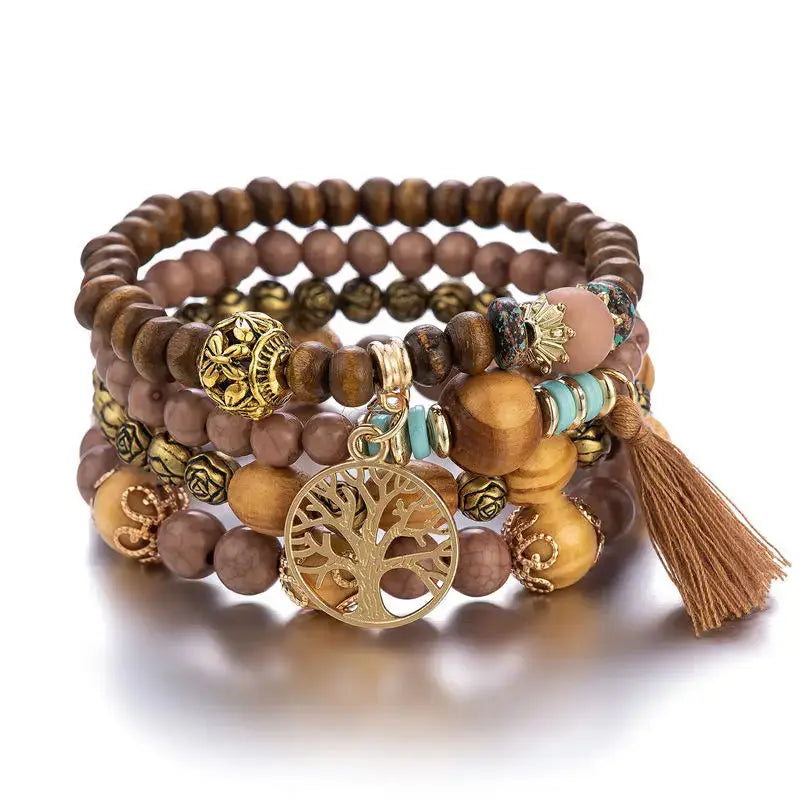 Add a touch of style with our Boho Bracelet Set: Handmade Wood Beads, Tree of Life Charms, Perfect for Bohemian Chic! - The Little Market Shop
