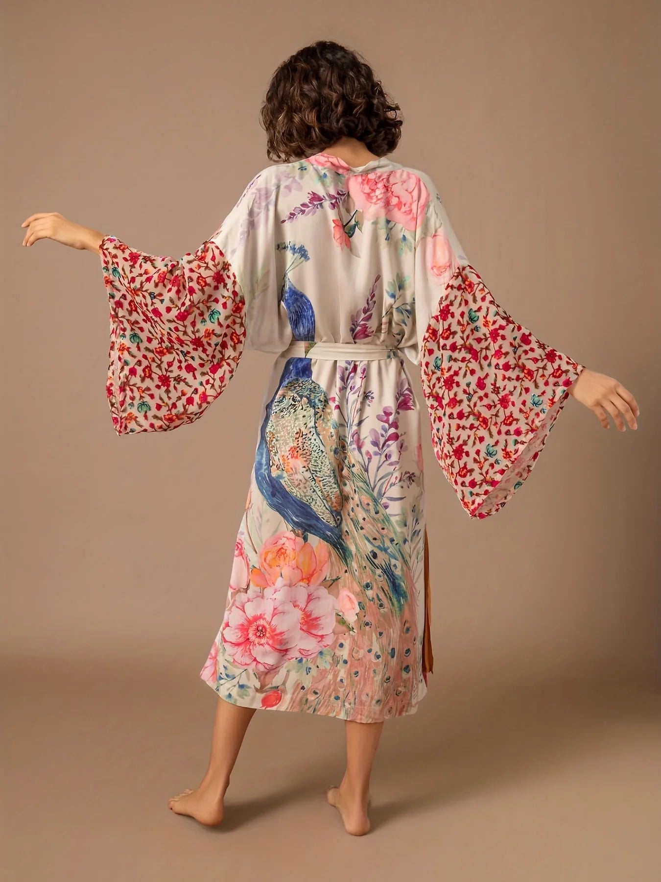Women's Beach Kimono: Peacock Printed Swimsuit Cover Up and Self-Belted Wrap Dress - Perfect for Seaside Sophistication and Beachwear Glamour - The Little Market Shop