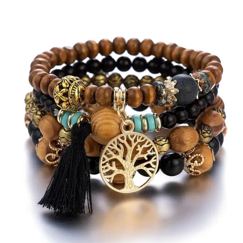 Add a touch of style with our Boho Bracelet Set: Handmade Wood Beads, Tree of Life Charms, Perfect for Bohemian Chic! - The Little Market Shop