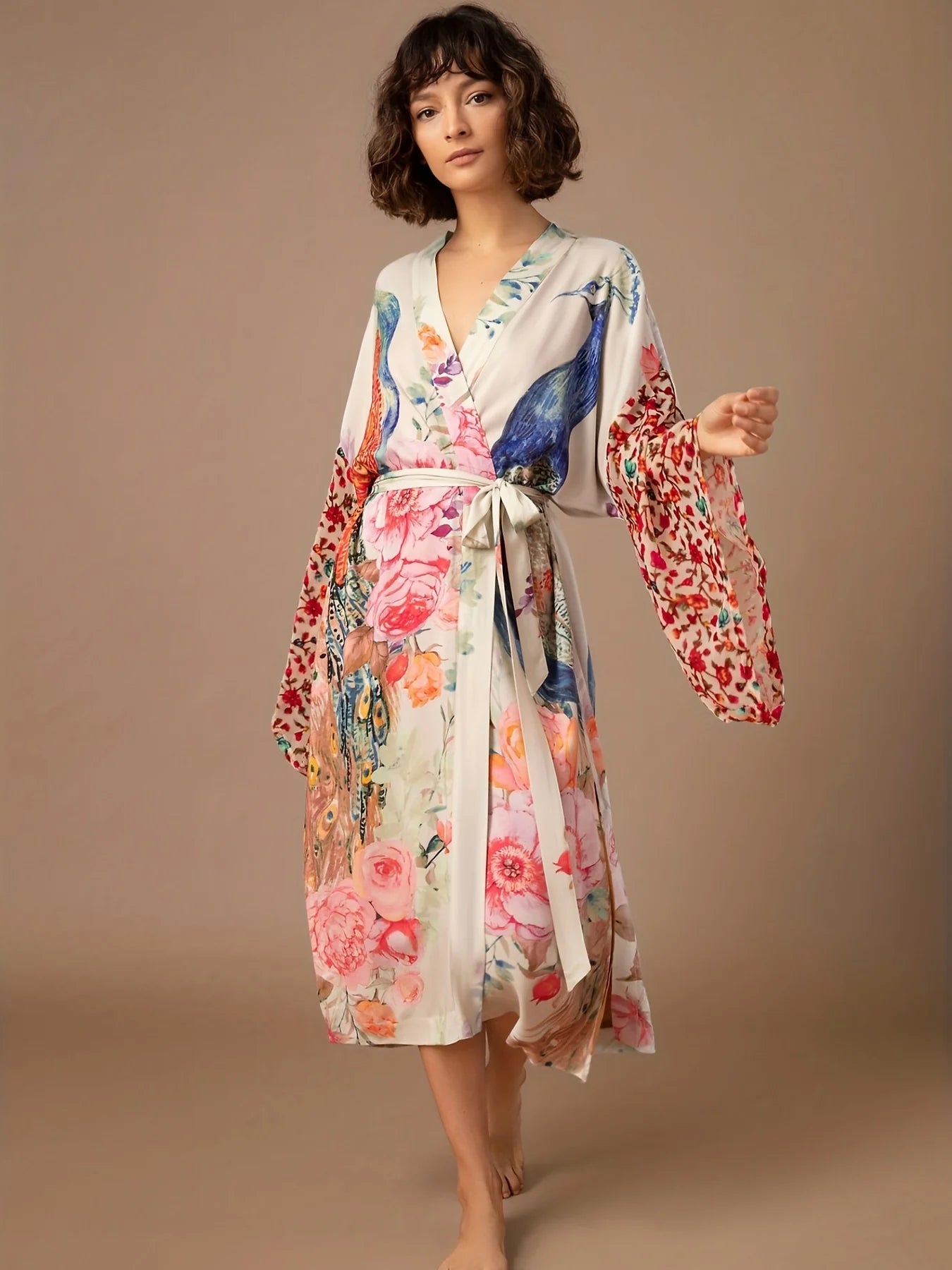 Women's Beach Kimono: Peacock Printed Swimsuit Cover Up and Self-Belted Wrap Dress - Perfect for Seaside Sophistication and Beachwear Glamour - The Little Market Shop