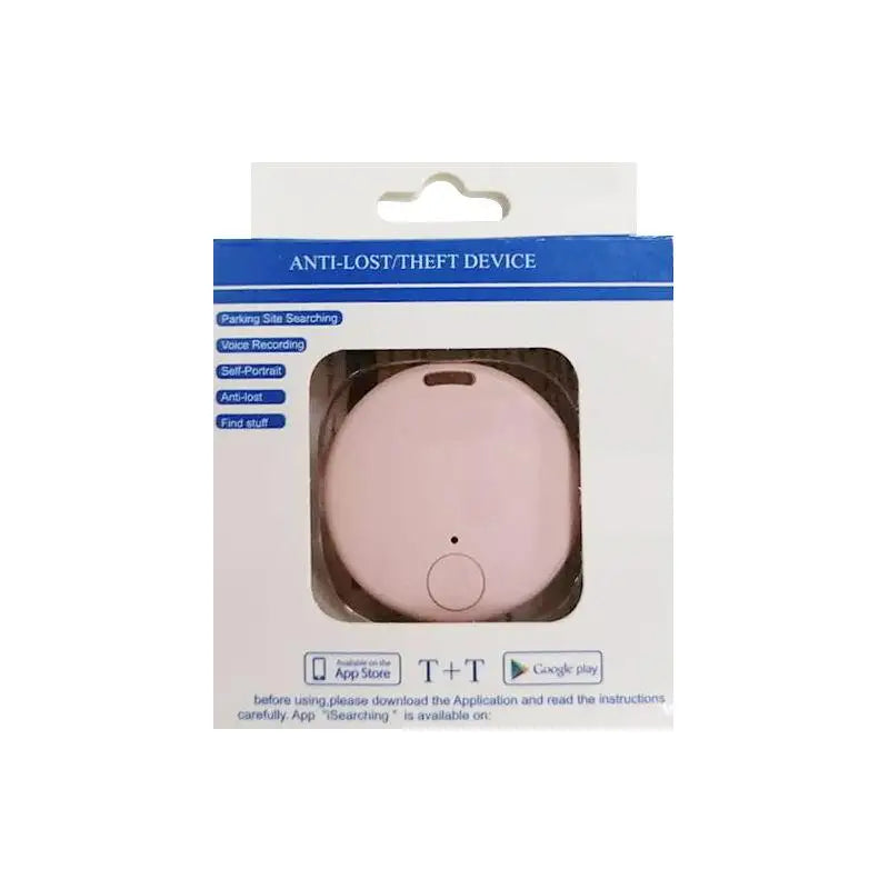 Bluetooth GPS tracker for pets and wallets in pink packaging with anti-lost device label