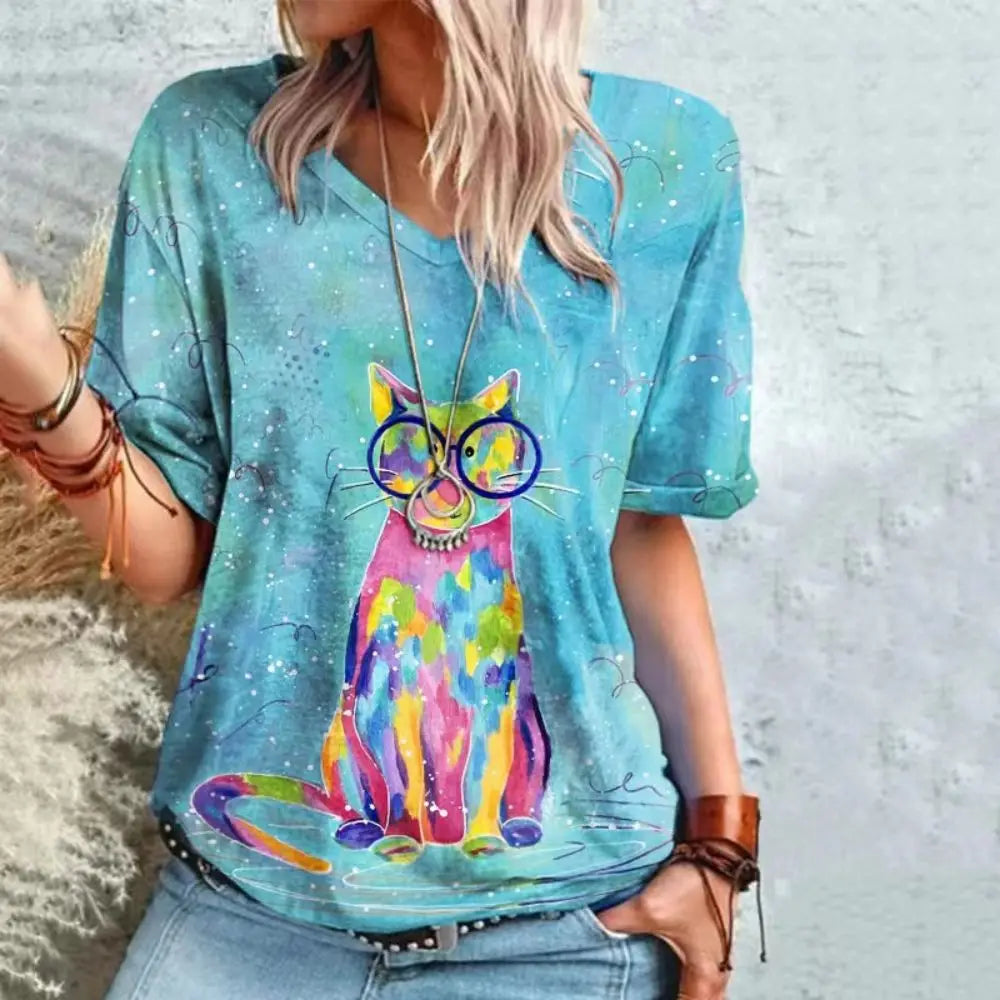 Retro Anime Cat Graphic Women's T-Shirt - Summer Streetwear Chic - The Little Market Shop