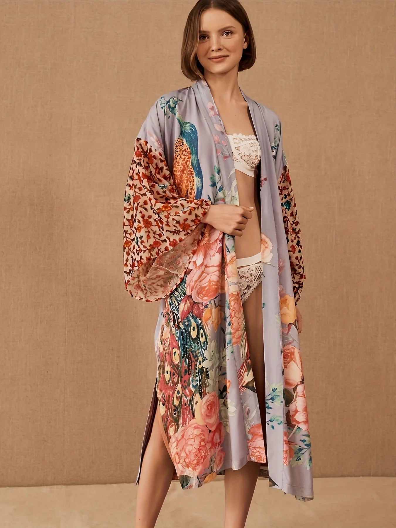 Women's Beach Kimono: Peacock Printed Swimsuit Cover Up and Self-Belted Wrap Dress - Perfect for Seaside Sophistication and Beachwear Glamour - The Little Market Shop