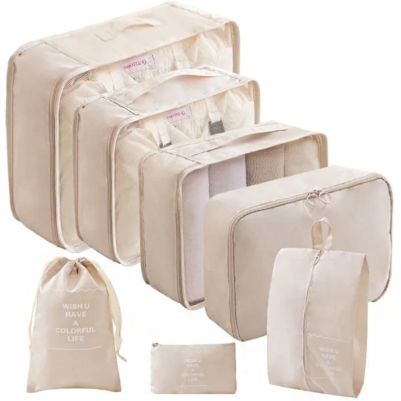 Travel packing cubes set for organised suitcase with multiple storage bags
