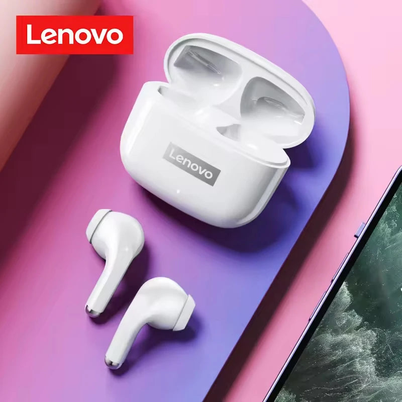Lenovo LP40Pro TWS Bluetooth earbuds with charging case on pink and purple background