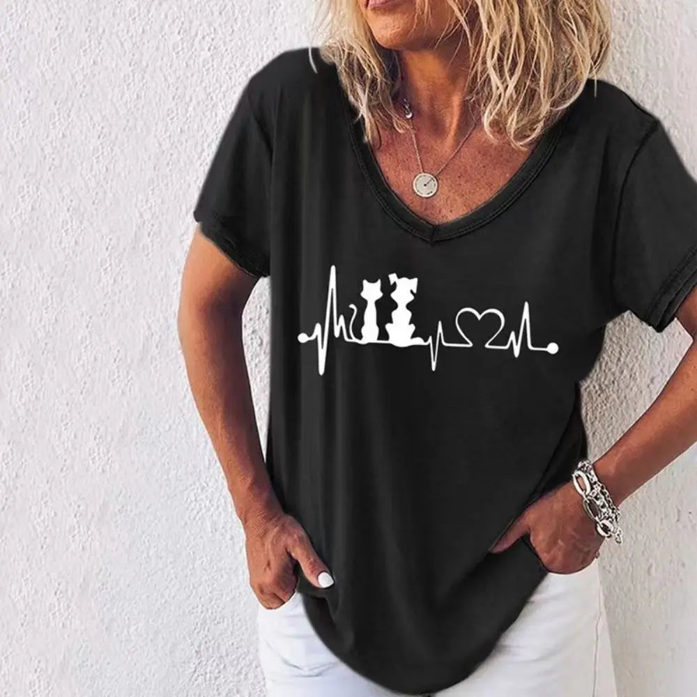 Retro Anime Cat Graphic Women's T-Shirt - Summer Streetwear Chic - The Little Market Shop