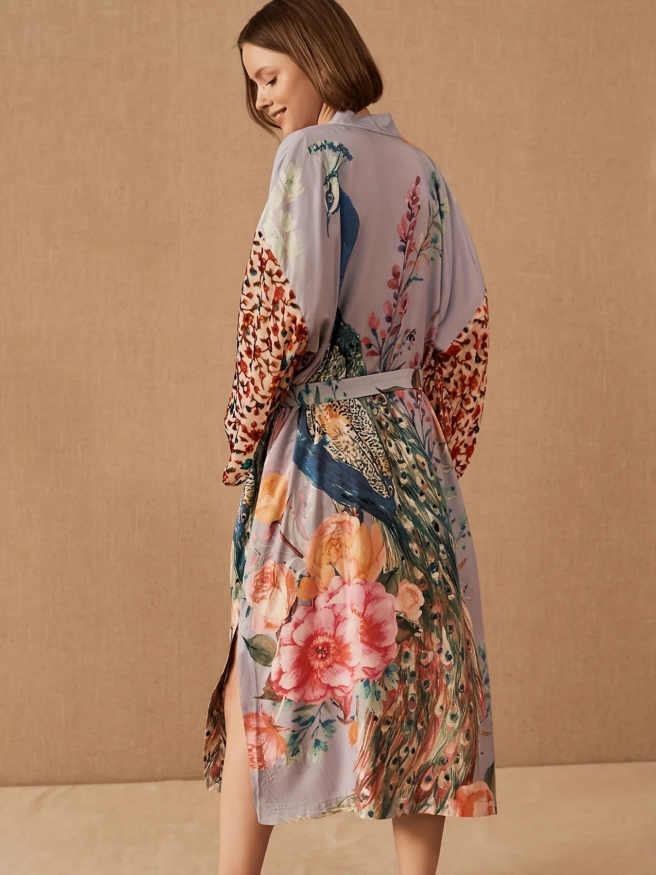 Women's Beach Kimono: Peacock Printed Swimsuit Cover Up and Self-Belted Wrap Dress - Perfect for Seaside Sophistication and Beachwear Glamour - The Little Market Shop